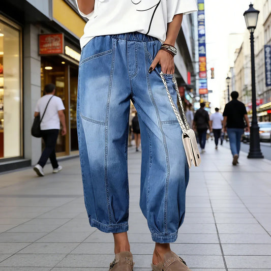 Women’s Elastic Waist Loose Fit Cropped Jeans