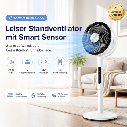 ❄️Sommer-Neuheiten🎉Motor Standventilator, 20dB sehr leiser Ventilator, 30m Wurfweite, 2465m³/h Luftvolumen, Fan mit Fernbedienung & Kühlung